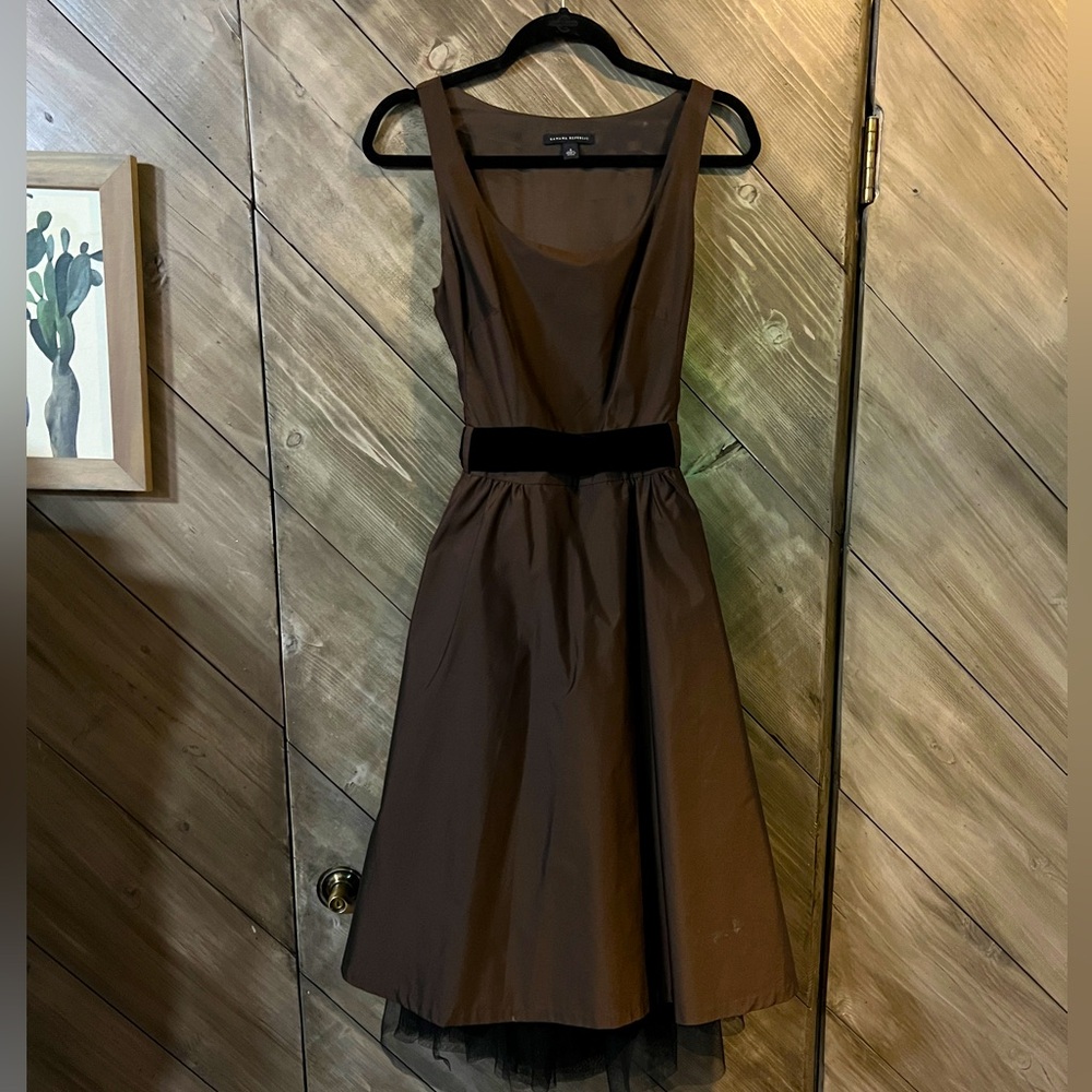 Vintage Banana Republic Brown Silk Party Dress with Black Velvet Bow and Tulle